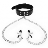 Черный ошейник с зажимами на соски на цепочке - Notabu - купить с доставкой в Махачкале