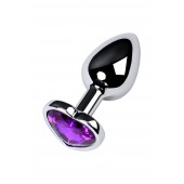 Серебристая коническая анальная пробка с фиолетовым кристаллом-сердечком - 7 см. - ToyFa - купить с доставкой в Махачкале