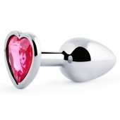 Серебристая анальная пробка с малиновым кристаллом-сердечком - 7 см. - Anal Jewelry Plug - купить с доставкой в Махачкале