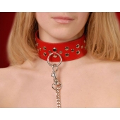 Красный кожаный ошейник с карабином и поводком - Sitabella - купить с доставкой в Махачкале