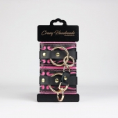 Черные кожаные наручники с розовой строчкой - Crazy Handmade - купить с доставкой в Махачкале