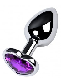 Серебристая коническая анальная пробка с фиолетовым кристаллом-сердечком - 7 см. - ToyFa - купить с доставкой в Махачкале