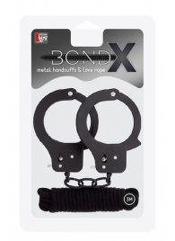 Чёрные наручники из листового металла в комплекте с веревкой BONDX METAL CUFFS LOVE ROPE SET - Dream Toys - купить с доставкой в Махачкале