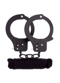 Чёрные наручники из листового металла в комплекте с веревкой BONDX METAL CUFFS LOVE ROPE SET - Dream Toys - купить с доставкой в Махачкале