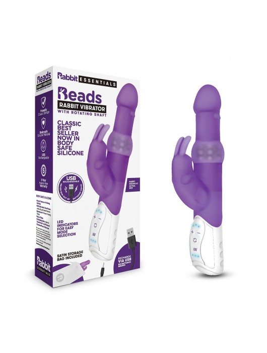 Фиолетовый вибратор-кролик с вращающимися бусинами - 25 см. - Rabbit Essentials