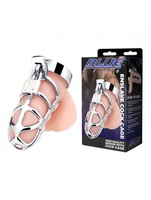 Серебристая металлическая клетка для члена с замком Enslave Cock Cage - BlueLine - купить с доставкой в Махачкале
