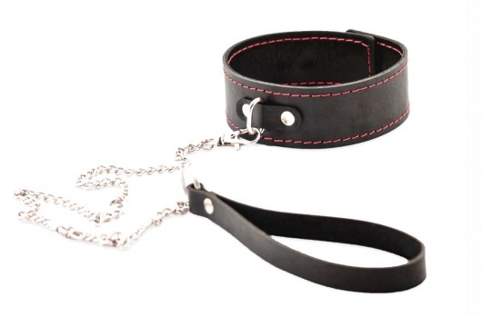 Черный широкий ошейник с красной строчкой и поводком - Crazy Handmade - купить с доставкой в Махачкале