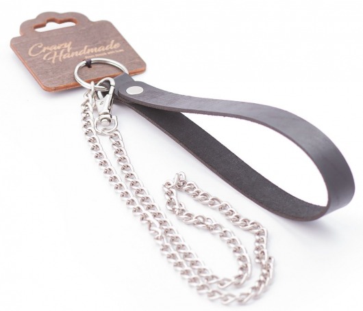 Серебристый металлический поводок с кожаной черной ручкой - 80 см. - Crazy Handmade - купить с доставкой в Махачкале