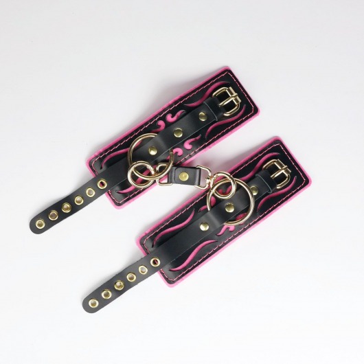 Черные кожаные наручники с розовой строчкой - Crazy Handmade - купить с доставкой в Махачкале