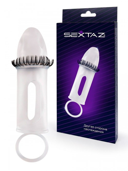 Закрытая насадка на пенис с подхватом мошонки и стимулирующими «ресничками» - Sextaz - в Махачкале купить с доставкой
