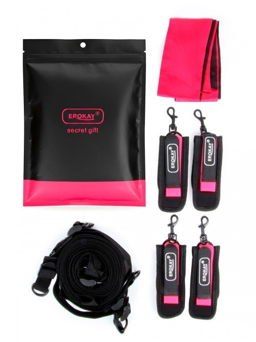 Черно-розовый эротический набор: фиксатор, оковы, наручники, повязка - Erokay - купить с доставкой в Махачкале