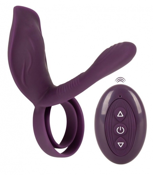 Фиолетовая насадка на член с клиторальным отростком и пультом ДУ RC Couple’s Vibrator 2 - Orion - в Махачкале купить с доставкой